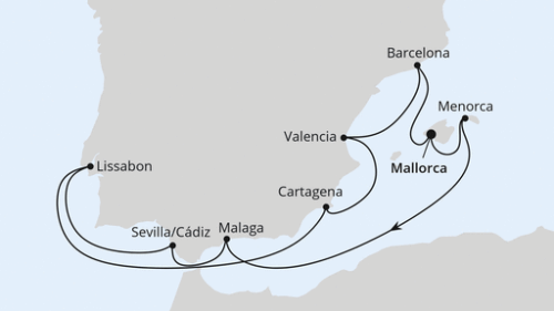 Palma - Mahon/Menorca - Malaga - Sevilla/Cadiz - Lissabon - Lissabon - Cartagena - Valencia - Barcelona - Palma