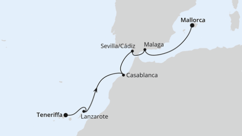 Santa Cruz De Tenerife - Arrecife/Lanzarote - Casablanca - Sevilla/Cadiz - Malaga - Palma