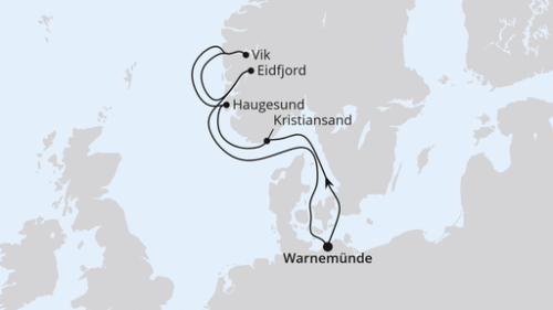 Warnemünde - Kristiansand - Haugesund - Vik - Sogn - Eidfjord - Warnemünde