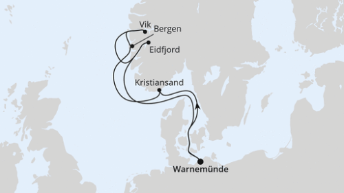 Warnemünde - Kristiansand - Bergen - Vik - Sogn - Eidfjord - Warnemünde
