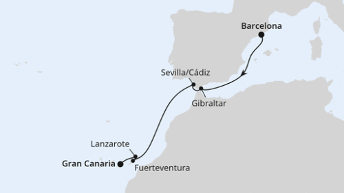 Barcelona - Gibraltar - Sevilla/Cadiz - Puerto del Rosario - Arrecife/Lanzarote - Las Palmas/Gran Canaria