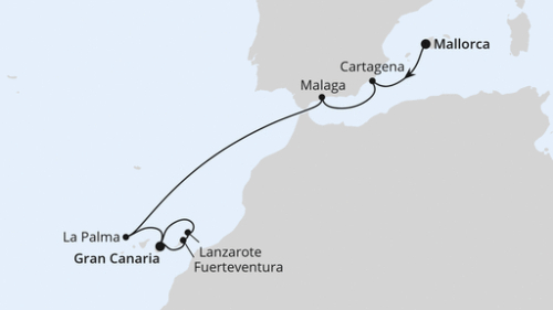 Palma de Mallorca - Cartagena - Malaga - Santa Cruz/La Palma - Las Palmas/Gran Canaria - Puerto del Rosario - Arrecife/Lanzarote - Las Palmas/Gran Canaria