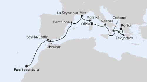 Korfu - Zakynthos - Crotone - Neapel - Olbia/Sardinien - Ajaccio/Korsika - La Seyne-Sur-Mer - Barcelona - Gibraltar - Sevilla/Cadiz - Puerto del Rosario