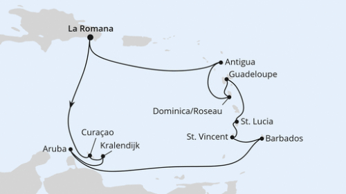 La Romana/Dom. Republik - Willemstad - Kralendijk - Oranjestad (2 Tage) - Bridgetown - Kingstown - Castries (St. Lucia) - Pointe A Pitre - Roseau - St.Johns - La Romana/Dom. Republik