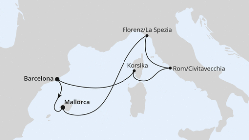 Barcelona - Palma de Mallorca - Florenz/La Spezia - Civitavecchia (Rom) - Ajaccio/Korsika - Barcelona - Palma de Mallorca