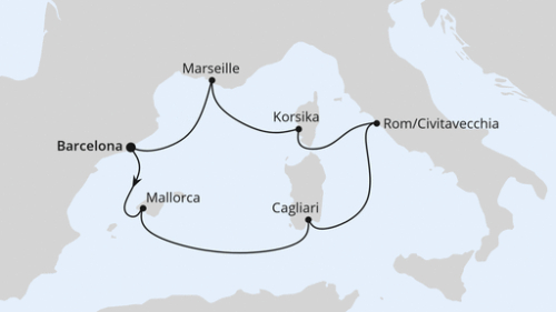Barcelona - Palma - Cagliari - Rom/Civitavecchia - Ajaccio/Korsika - Marseille - Barcelona