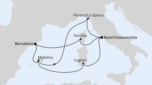 Barcelona - Palma - Florenz/La Spezia - Rom/Civitavecchia - Ajaccio/Korsika - Barcelona - Palma - Cagliari - Rom/Civitavecchia