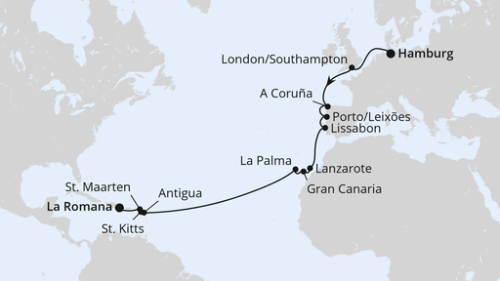 Hamburg - Southampton - La Coruna - Leixoes (Porto) - Lissabon - Arrecife/Lanzarote - Las Palmas/Gran Canaria - Santa Cruz/La Palma - St.Johns - Basseterre - Philipsburg - La Romana/Dom. Republik
