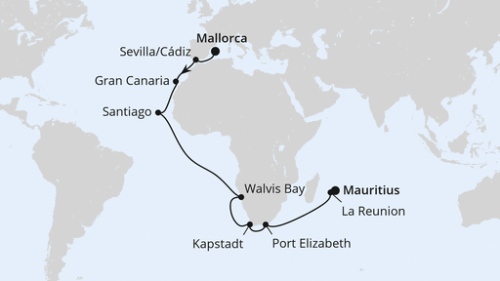 Palma de Mallorca - Sevilla/Cadiz - Las Palmas/Gran Canaria - Santiago/Praia (Kapverden) - Äquatorüberquerung - Walvis Bay - Walvis Bay - Kapstadt - Kapstadt - Kapstadt - Port Elizabeth - Le Port - Port Louis
