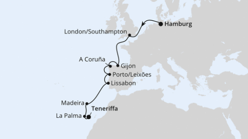 Hamburg - Southampton - Gijon - La Coruna - Leixoes (Porto) - Lissabon - Madeira (Funchal) - Santa Cruz/La Palma - Santa Cruz De Tenerife