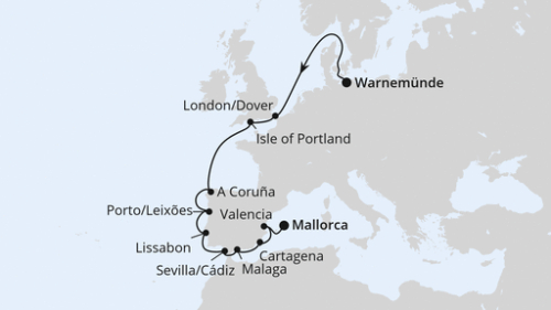 Warnemünde - Dover/London - Portland - Uk - La Coruna - Porto/Leixoes - Lissabon - Lissabon - Sevilla/Cadiz - Malaga - Cartagena - Valencia - Palma