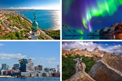4-teiliges Bild: links oben Leuchtturm Faro della Vittoria an der Küste von Triest, daneben Nordlichter am Nachthimmel bei Tromso, rechts unten futuristische Architektur in Oslo, daneben Lemuren in einer Felsenlandschaft auf Madagaskar.