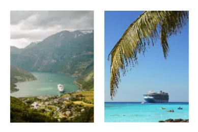 2-teiliges Bild: Links steile Fjordlandschaft in Norwegen mit einem Kreuzfahrtschiff vor einer Bucht. Rechts Ein Kreuzfahrtschiff in karibischen Gewässern vom Strand unter einer Palme fotografiert, mit azurblauem Wasser.