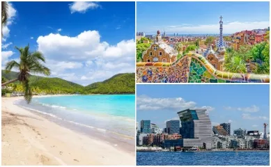 3-teiliges Bild: Links ein Strand in Antigua, oben rechts der Park Güell in Barcelona und unten rechts Blick über Oslo.