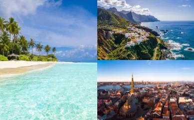 AIDA Verlockung der Woche: Barbados, Teneriffa & Riga 3-teiliges Bild: Links ein traumhafter Strand auf Barbados, oben rechts Blick über die Küste von Teneriffa und unten rechts die malerische Stadt Riga.