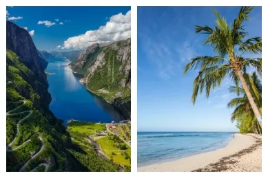 2-teiliges Bild: Links erstrahlen die atemberaubenden Fjorde. Rechts inspiriert Barbados.