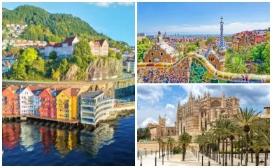 AIDA Verlockung der Woche: Bergen, Barcelona & Palma 3-teiliges Bild: Links die bunten Häuser in Bergen, oben rechts Park Güell in Barcelona und unten rechts die Kathedrale in Palma.
