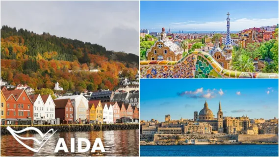 3-teiliges Bild: Links die bunten Häuser in Bergen, oben rechts Park Güell in Barcelona und unten rechts Blick über die Stadt Valletta.