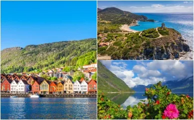 3-teiliges Bild: Links die bunten Häuser in Bergen, oben rechts Blick über die Küste von Cagliari und unten rechts malerischer Ausblick auf den Eidfjord.