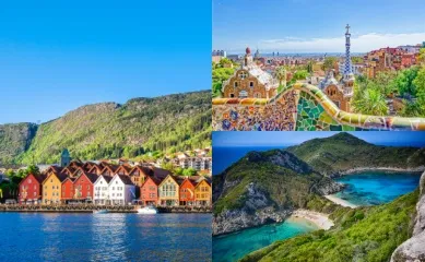 3-teiliges Bild: Links die bunten Häuser in Bergen, oben rechts Park Güell in Barcelona und unten rechts Blick über Korfu.