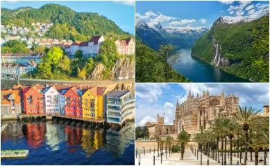 3-teiliges Bild: Links die bunten Häuser in Bergen, oben rechts Blick über die Geirangerfjord-Passage und unten rechts die Kathedrale von Palma.