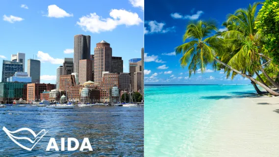 AIDA Verlockung der Woche: Boston & Karibik 2-teiliges Bild: Links Blick über die Stadt Boston, rechts ein Strand in die Karibik mit kristallklarem Wasser und Palmen.