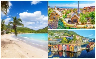 AIDA Verlockung der Woche: Antigua, Barcelona & Bergen 3-teiliges Bild: Links ein Strand auf Antigua, oben rechts Park Güell in Barcelona und unten rechts die bunten Häuser in Bergen.
