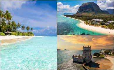 3-teiliges Bild: Links der goldene Strand von Barbados, oben rechts der Strand von Mauritius, unten rechts die Küste von Lissabon.