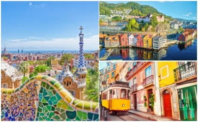 3-teiliges Bild: Links der Park Güell in Barcelona, oben rechts Blick über die Küste in Bergen und unten rechts der gelbe Straßenbahn in Lissabon.