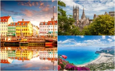 AIDA Verlockung der Woche: Kopenhagen, Aberdeen & Rhodos 3-teiliges Bild: Links die bunten Häuser in Kopenhagen, oben rechts Blick über Aberdeen und unten rechts ein Strand in Rhodos.