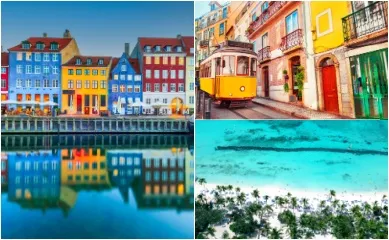 AIDA Verlockung der Woche: Kopenhagen, Lissabon & La Romana 3-teiliges Bild: Links der Hafen von Kopenhagen, oben rechts eine gelbe Straßenbahn in Lissabon, unten rechts der Strand von La Romana.