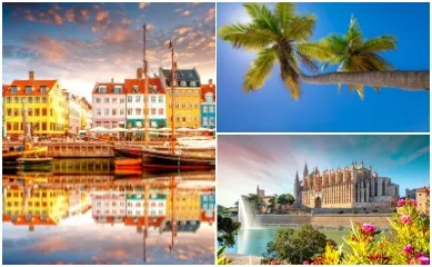 3-teiliges Bild: Links die bunten Häuser in Kopenhagen, oben rechts Palmen und der blaue Himmel auf La Romana, unten rechts Blick über den Schloss in Palma.