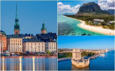 AIDA Verlockung der Woche: Stockholm, Mauritius & Lissabon 3-teiliges Bild: Links ein Blick über die Küste von Stockholm, oben rechts der Strand von Mauritius, unten rechts die Küste von Lissabon.