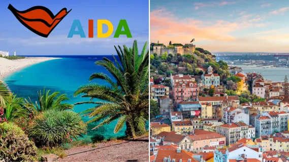 AIDA Verlockung der Woche: Fuerteventura & Lissabon 2-teiliges Bild: Links ein Strand auf Fuerteventura mit kristallklarem Wasser und Palmen, rechts Blick auf Lissabon aus Vogelperspektive.