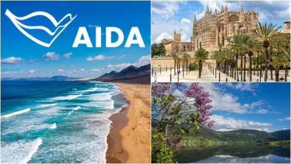 3-teiliges Bild: Linksein Strand auf Fuerteventura, oben rechts die Kathedrale in Palma und unten rechts Blick über Eidfjord.