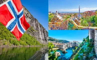 3-teiliges Bild: Links Geirangerfjord mit der norwegischen Flagge, oben rechts Park Güell in Barcelona und unten rechts Blick über die Stadt Dubrovnik.
