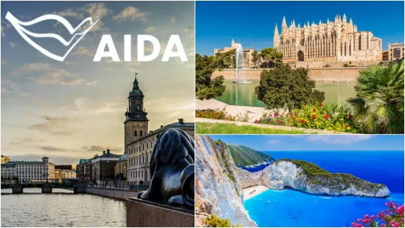 3-teiliges Bild: Links die Blick auf Göteborg, oben rechts die Kathedrale in Palma und unten rechts ein Strand auf Zakynthos.