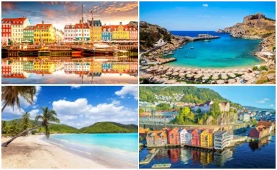 4-teiliges Bild: Links die bunten Häuser in Kopenhagen, unten links ein Strand auf La Romana, oben rechts Blick über den Strand auf Rhodos,  unten rechts die bunten Häuser in Bergen.