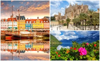 3-teiliges Bild: Links die bunten Häuser in Kopenhagen, oben rechts die Kathedrale in Palma und unten rechts Blick auf Eidfjord.