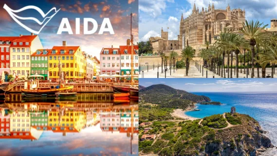 3-teiliges Bild: Links die bunten Häuser in Kopenhagen, oben rechts die Kathedrale in Palma und unten rechts Blick über Cagliari.