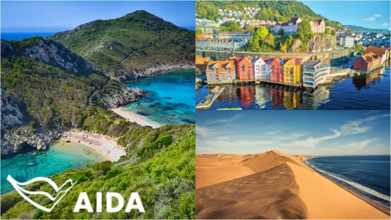 AIDA Verlockung der Woche: Korfu, Bergen & Walvis Bay 3-teiliges Bild: Links Blick über Korfu, oben rechts die bunten Häuser in Bergen und unten rechts ein Strand auf Walvis Bay.