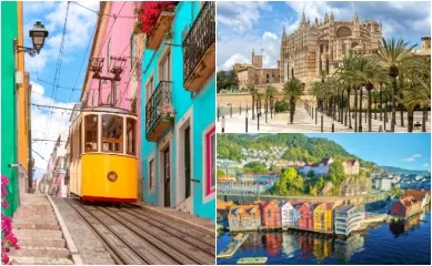 AIDA Verlockung der Woche: Lissabon, Palma & Bergen 3-teiliges Bild: Links die gelbe Straßenbahn in Lissabon, oben rechts die Kathedrale von Palma und unten rechts die bunten Häuser in Bergen.