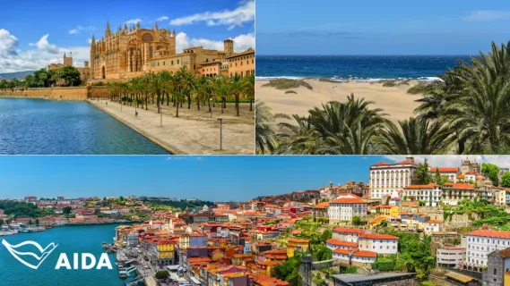 AIDA Verlockung der Woche: Palma, Gran Canaria & Porto 3-teiliges Bild: Oben links die Kathedrale in Palma, oben rechts ein Strand auf Gran Canaria, unten Blick über die Stadt Porto.