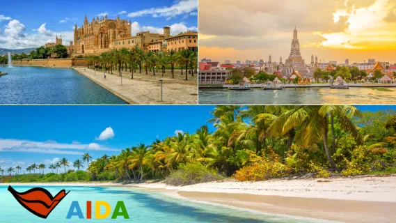 3-teiliges Bild: Oben links die Kathedrale in Palma, oben rechts Blick auf Bangkok in Thailand, unten ein Strand in die Karibik mit kristallklarem Wasser und Palmen.