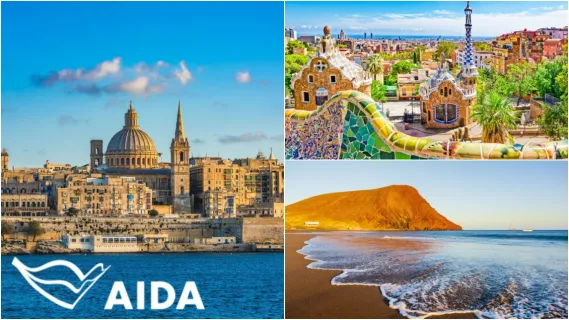 3-teiliges Bild: Links Blick über Valletta in Malta, oben rechts Park Güell in Barcelona und unten rechts ein Strand auf Teneriffe.