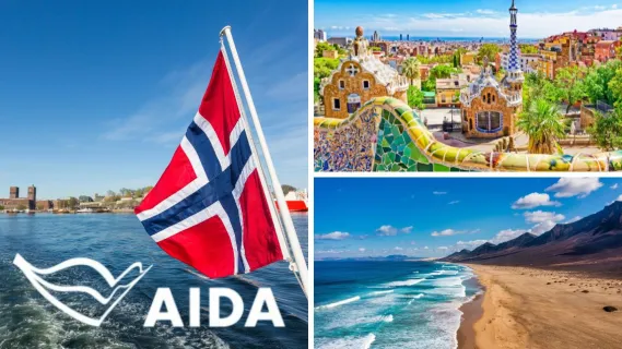 AIDA Verlockung der Woche: Oslo, Barcelona & Fuerteventura 3-teiliges Bild: Links die norwegischen Flagge, oben rechts Park Güell in Barcelona und unten rechts ein Strand auf Fuerteventura.