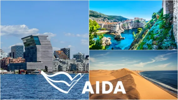 AIDA Verlockung der Woche: Oslo, Dubrovnik & Walvis Bay 3-teiliges Bild: Links die norwegischen Hauptstadt Oslo, oben rechts Blick über Dubrovnik und unten rechts ein Strand auf Walvis Bay.