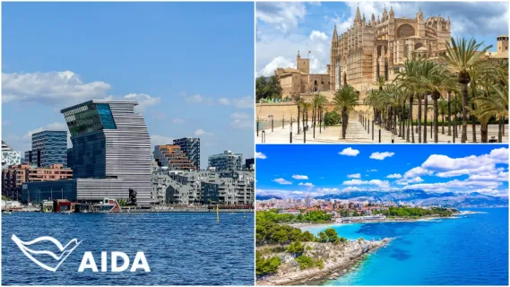 3-teiliges Bild: Links die Stadt Oslo vom Wasser aus, oben rechts die Kathedrale in Palma und unten rechts Blick über die Stadt Split.