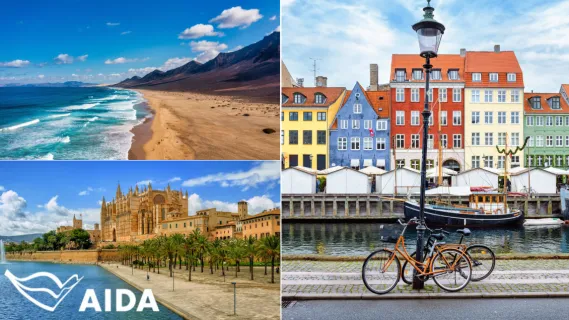 AIDA Verlockung der Woche: Fuerteventura, Palma & Kopenhagen 3-teiliges Bild: Oben links ein Strand auf Fuerteventura, unten links die Kathedrale in Palma, rechts die bunten Häuser in Kopenhagen.