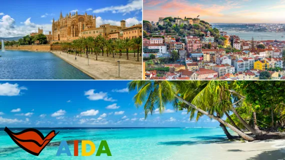 3-teiliges Bild: Oben links die Kathedrale in Palma, oben rechts Blick auf Lissabon, unten ein Strand in die Karibik mit kristallklarem Wasser und Palmen.